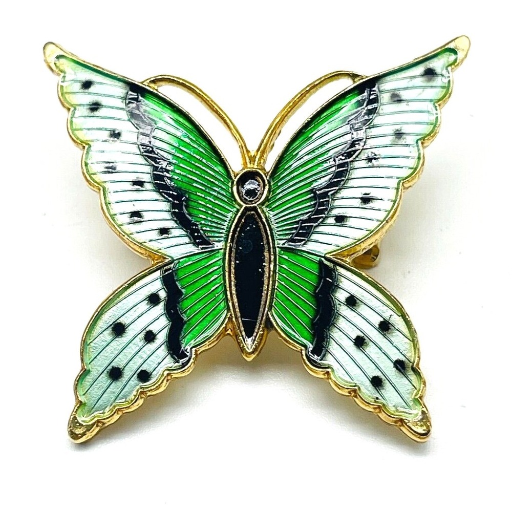 Vintage Butterfly Brooch Green White Enamel Gold Tone Insect Moth Pin